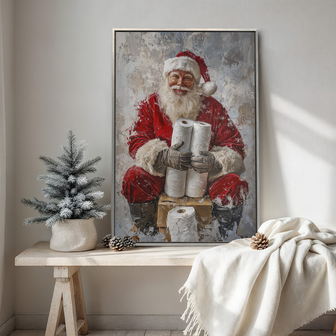Framed Wall Art featuring Santa Claus holding toilet paper, painted in a textured style with a red and neutral color palette. Perfect for holiday decor!