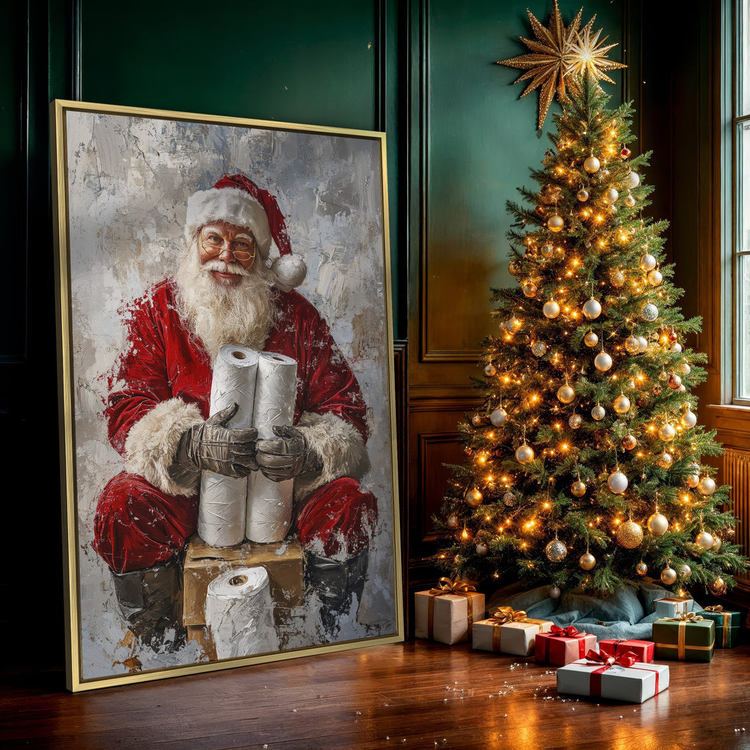 Canvas Print of Santa Claus holding toilet paper, red and white color palette, fun Christmas decor.