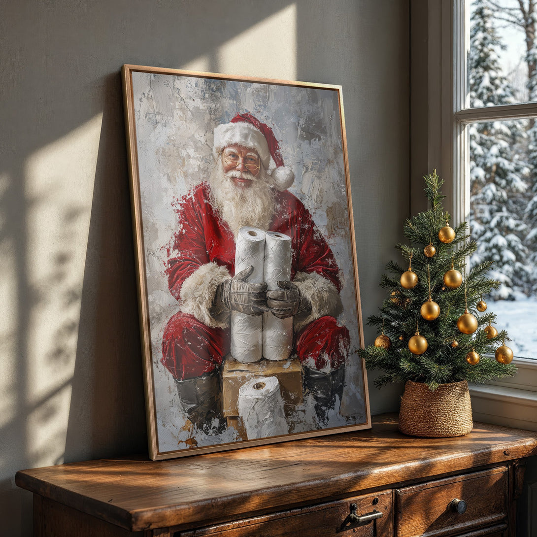Framed Wall Art: Playful Santa Claus painting with a textured, impressionistic style. Features a red, white, and neutral color palette, perfect for holiday decor.