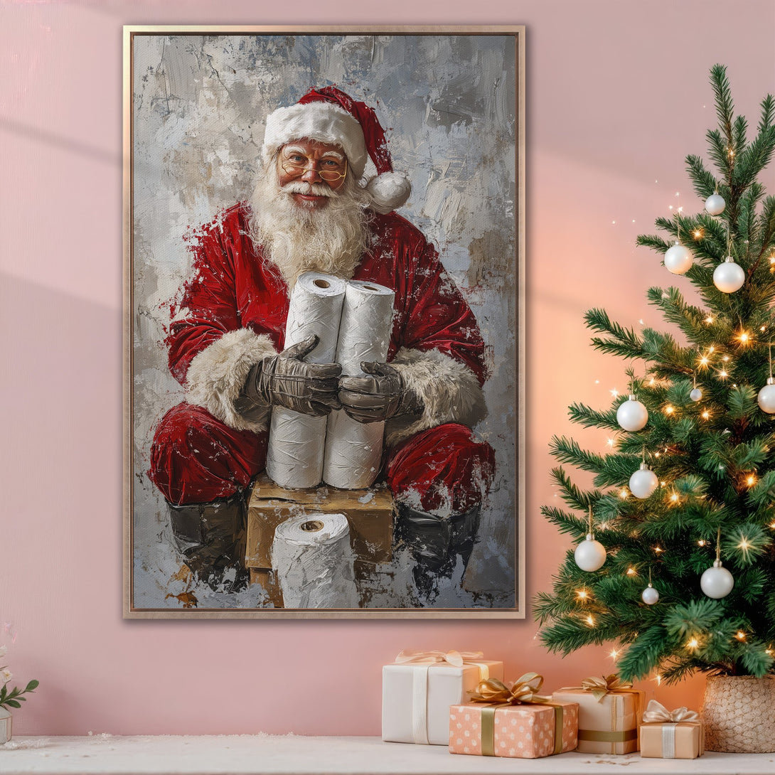 Framed Wall Art of Santa Claus holding rolls of paper, in a textured, painterly style. Red, white, and gray color palette, perfect for Christmas decor.
