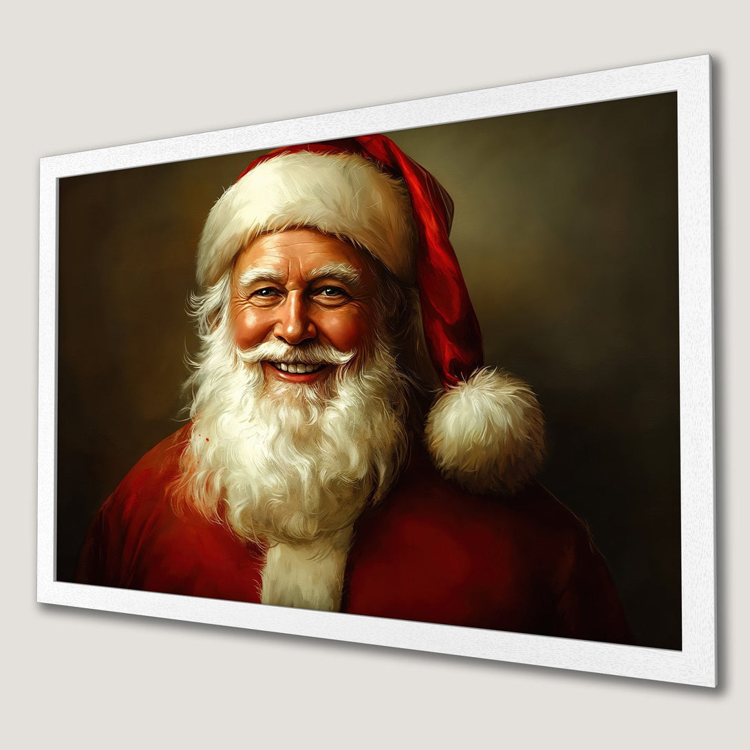 Framed Poster featuring a portrait of Santa Claus in a classic style. Warm red and white color palette, ready to bring holiday cheer to your home!