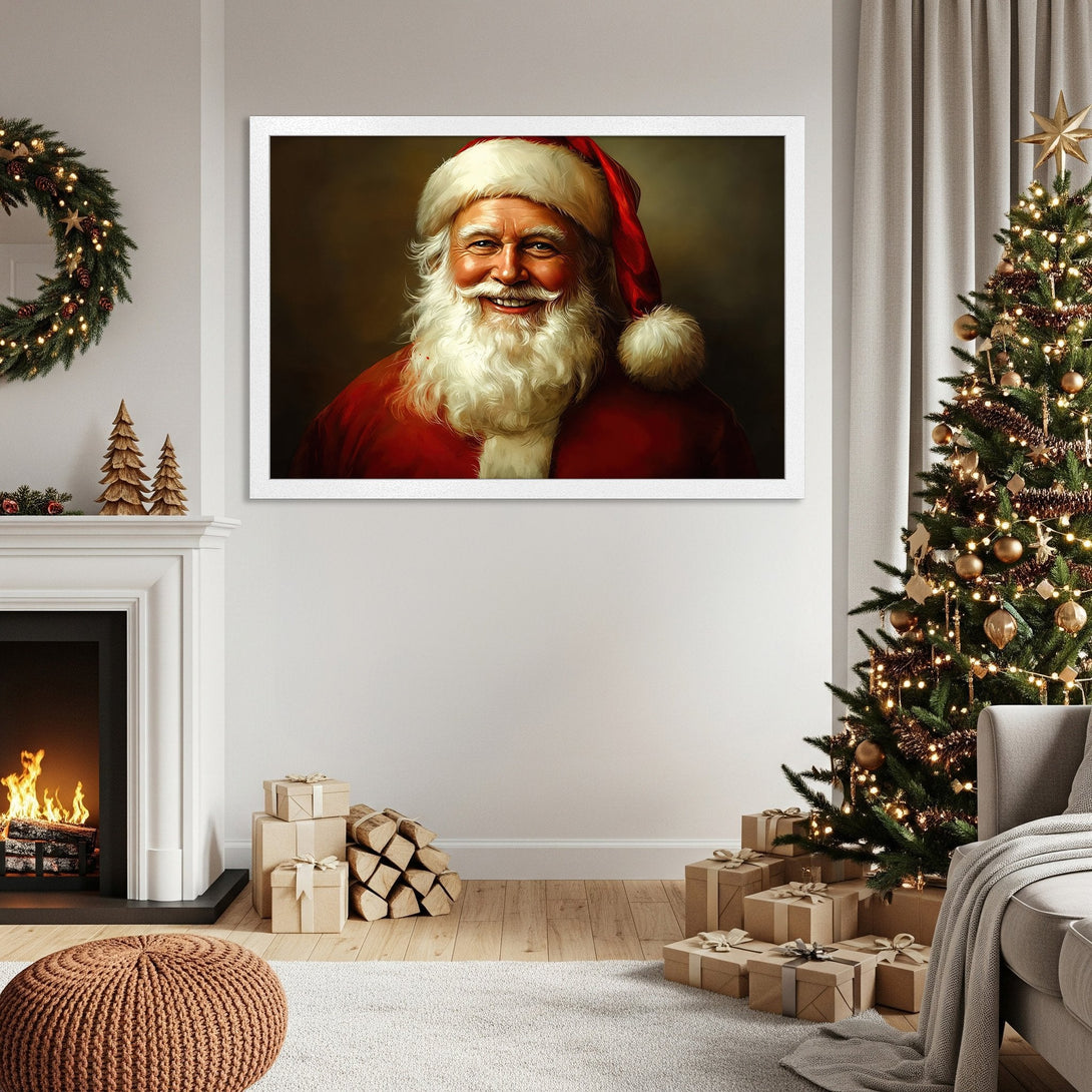 Framed Poster featuring Santa Claus portrait in a warm, inviting style with a red and gold color palette, perfect for Christmas decor.