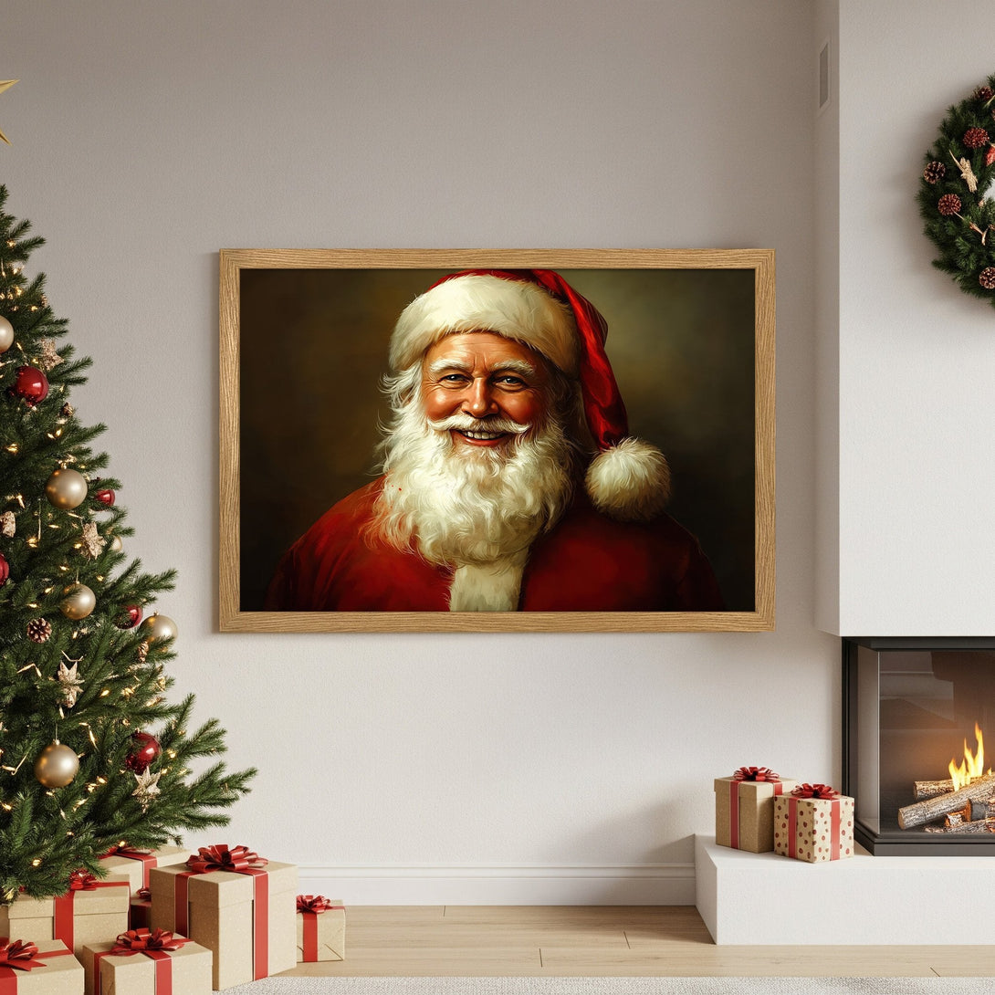 Framed Poster featuring Santa Claus portrait in a warm, festive style with red and gold accents. Perfect Christmas decor!