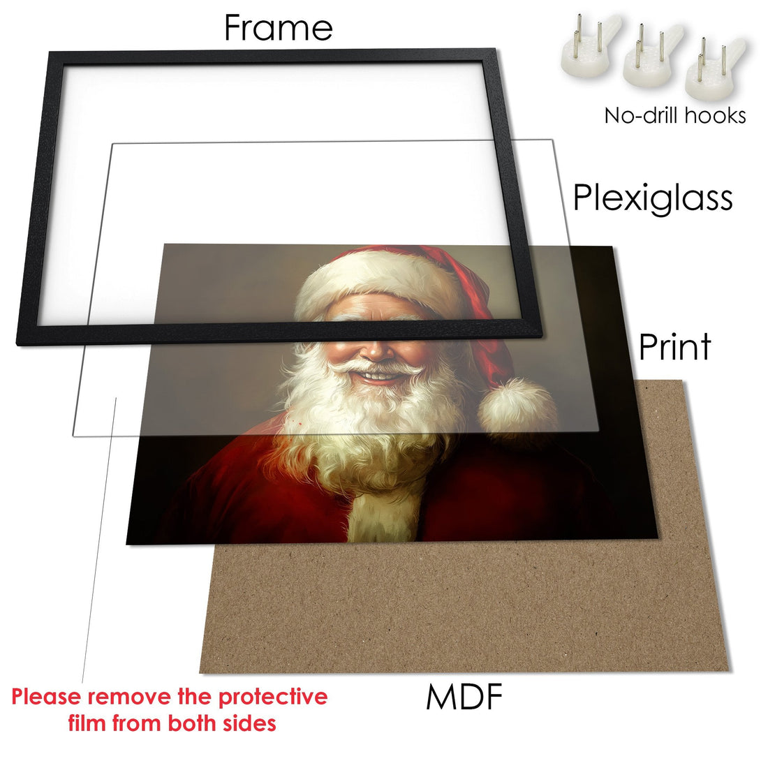 Framed Poster featuring Santa Claus in a classic style with a red and white color palette. Perfect holiday decor!