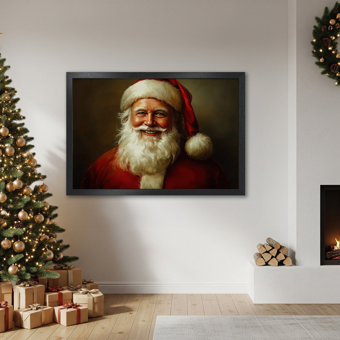 Framed Poster featuring Santa Claus in a classic style. Warm red, white, and gold color palette, perfect for Christmas decor. Add holiday cheer!