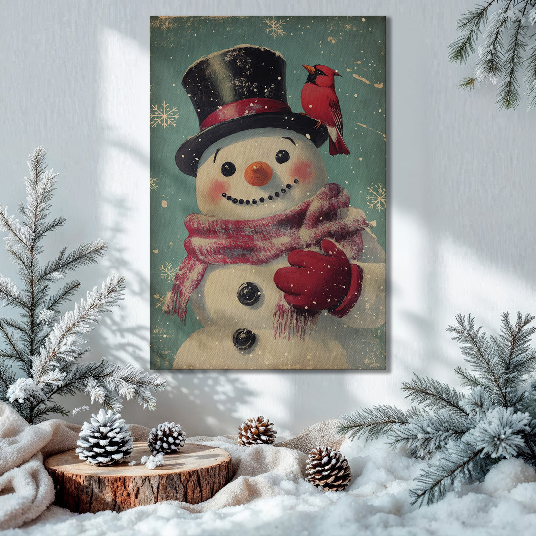 Framed Wall Art: Vintage snowman print with red accents. Festive holiday decor in a teal and gold color palette. Perfect for Christmas!