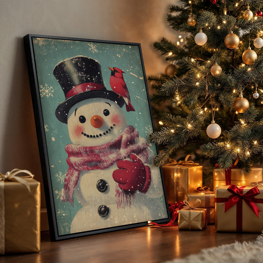Framed Wall Art: Vintage snowman with cardinal, festive winter decor. Rustic style, teal, red, and gold color palette. Perfect Christmas gift!