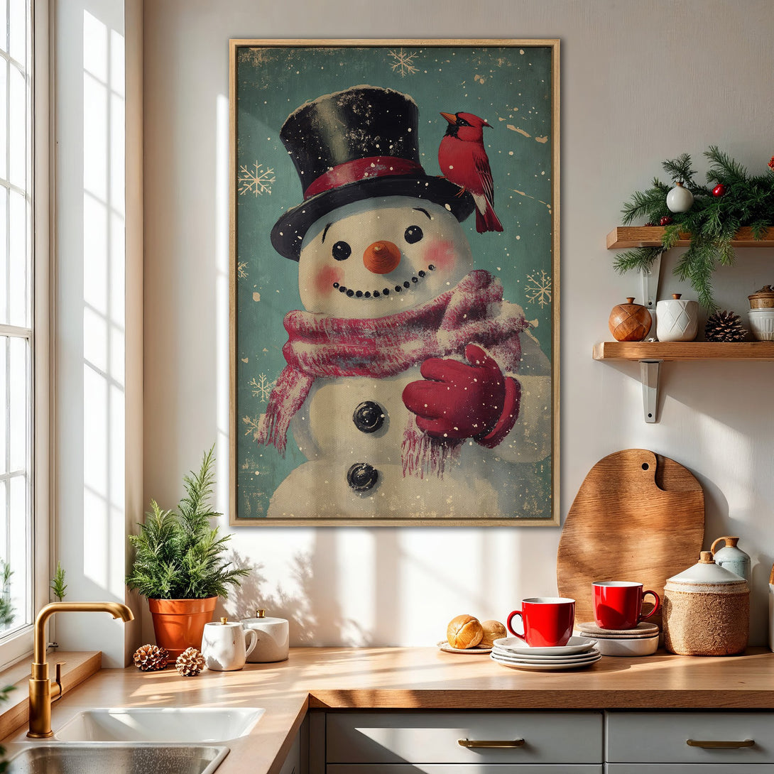Framed Wall Art featuring a vintage snowman with a cardinal. Festive winter decor in a charming, rustic style with a teal, red, and beige color palette.