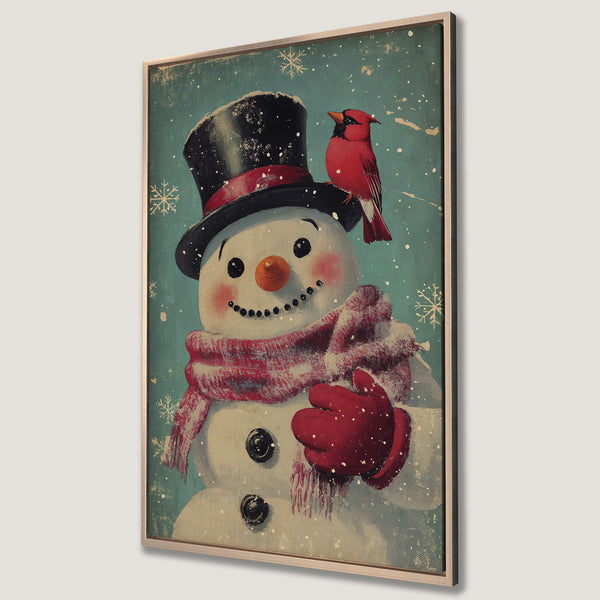 Framed Wall Art: Vintage-style snowman with cardinal, teal & red color palette. Perfect winter decor for your home! Shop canvas prints now.
