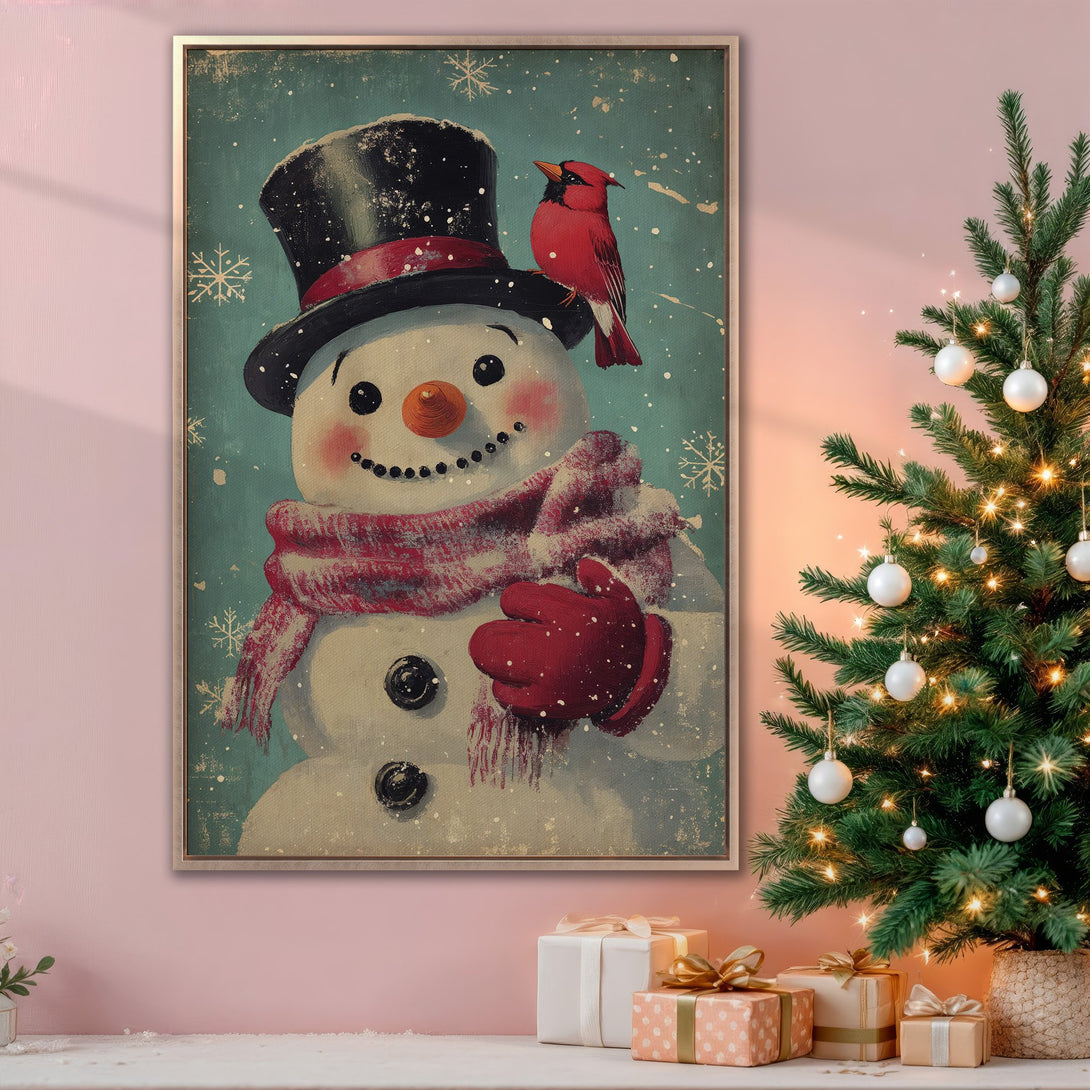 Framed Wall Art: Vintage snowman & cardinal print in a cheerful, retro style. Features a teal & red color palette, perfect for holiday decor!