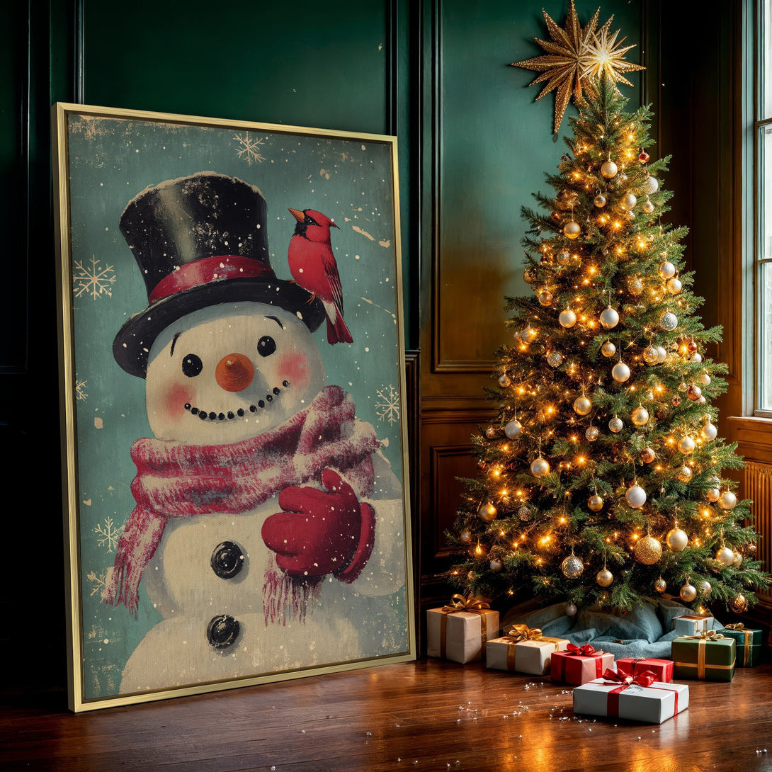 Canvas Print featuring a vintage snowman with a red cardinal, perfect for winter decor. Charming, whimsical style with a teal, red, and white color palette.