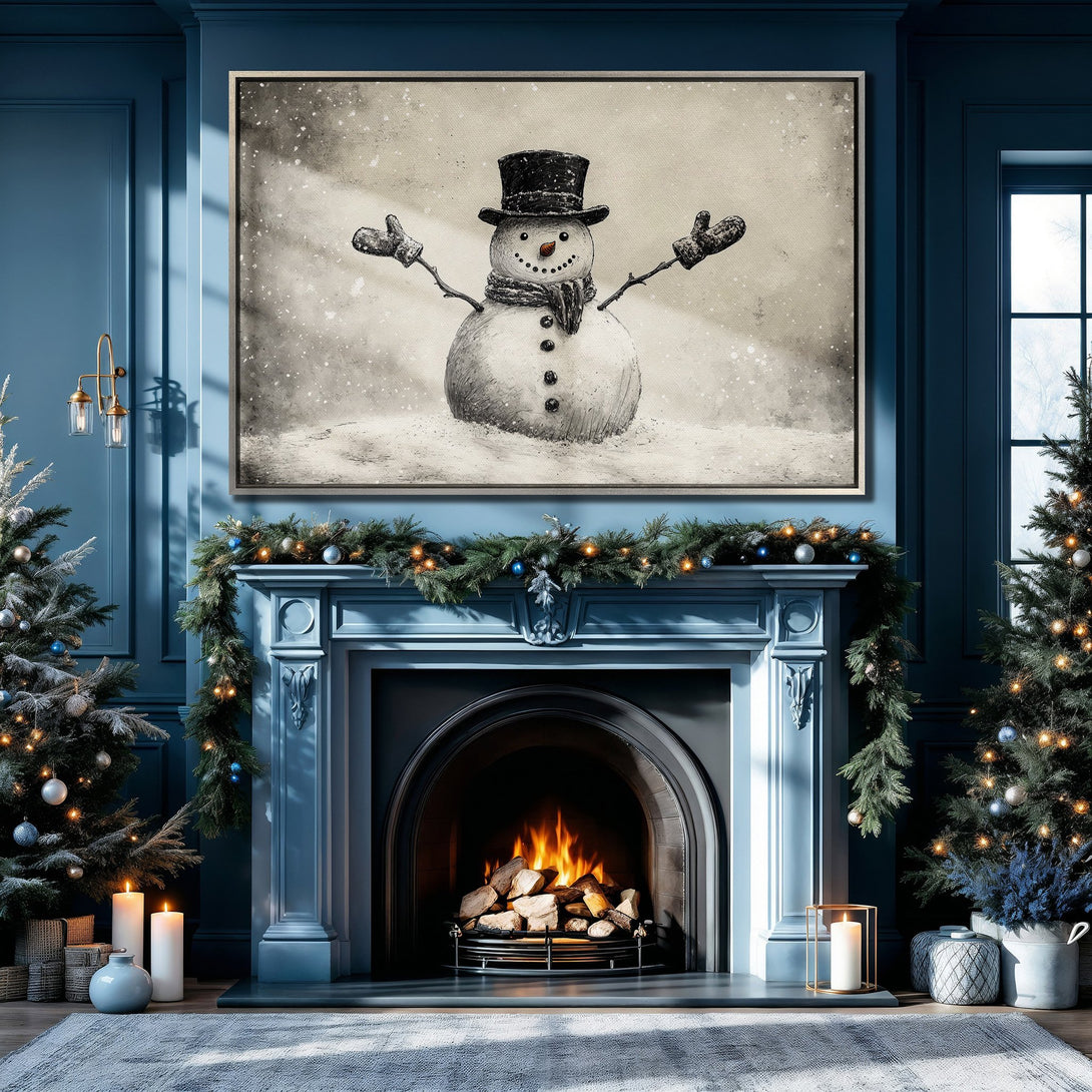 Framed Wall Art: Charming snowman print in a cozy, blue-toned living room. Classic winter scene with a neutral color palette, perfect holiday decor.