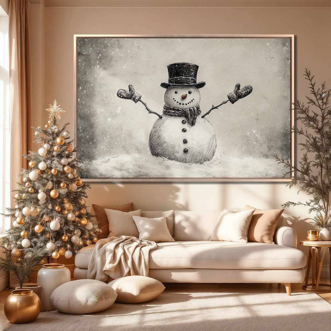Framed Wall Art: Charming snowman illustration in a neutral color palette, perfect for winter decor. Add warmth to your home with this cozy Canvas Print.