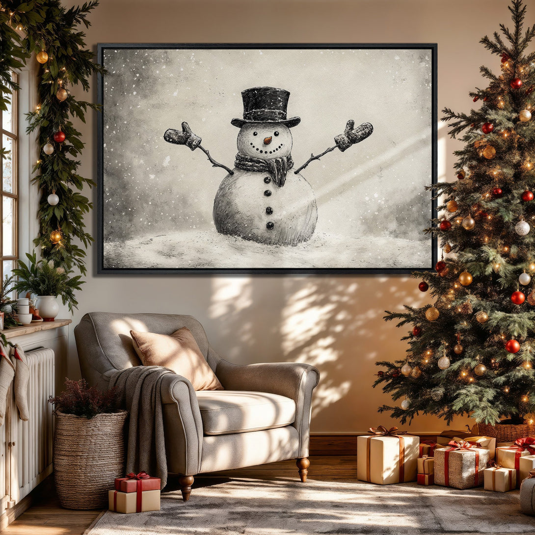 Framed Wall Art: Charming snowman art print in neutral tones. Perfect for cozy winter decor. Add holiday cheer with this stylish canvas print!