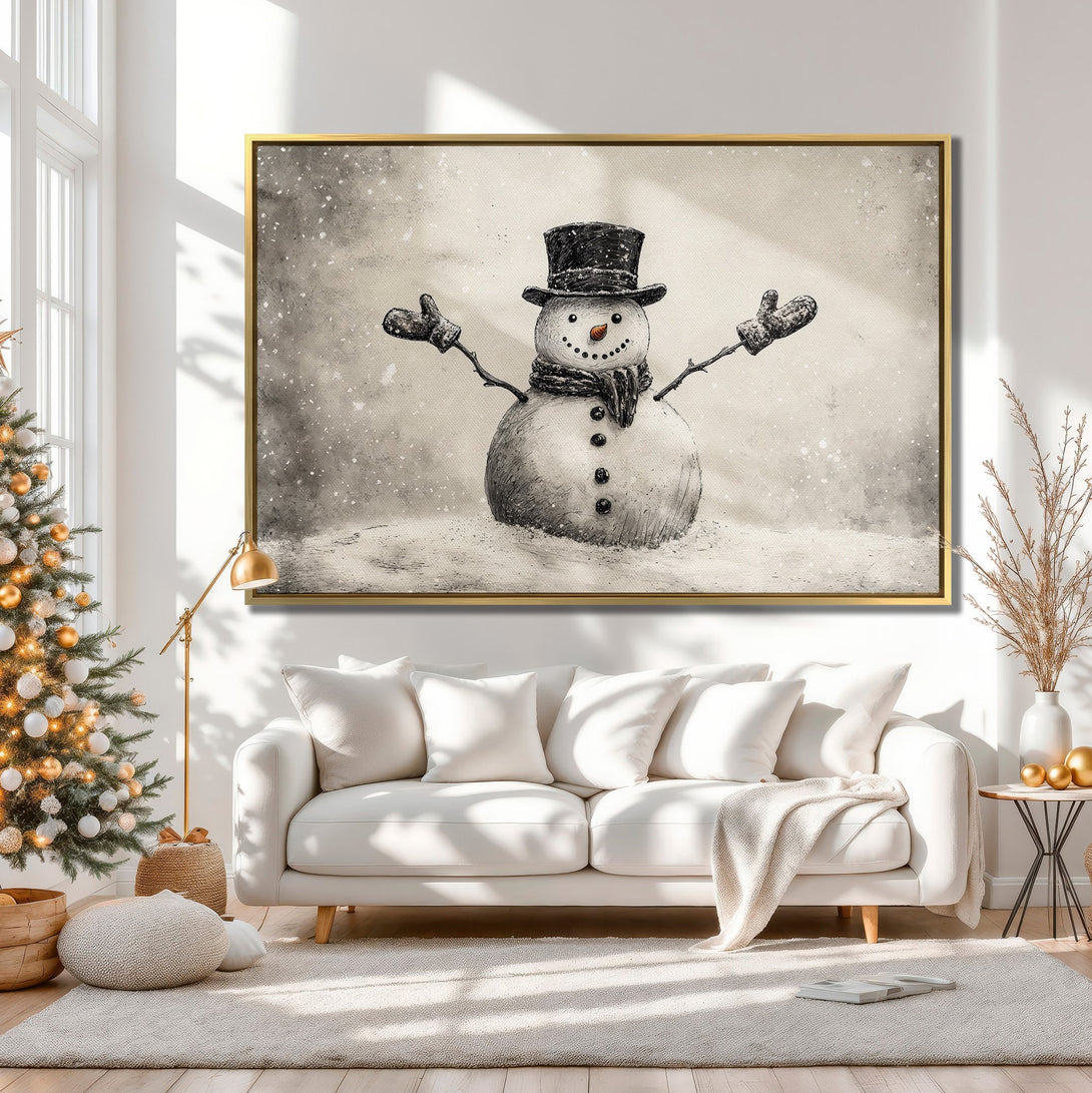 Canvas Print of a charming snowman in a winter scene. Neutral color palette, perfect for cozy holiday decor. Add warmth to your space!