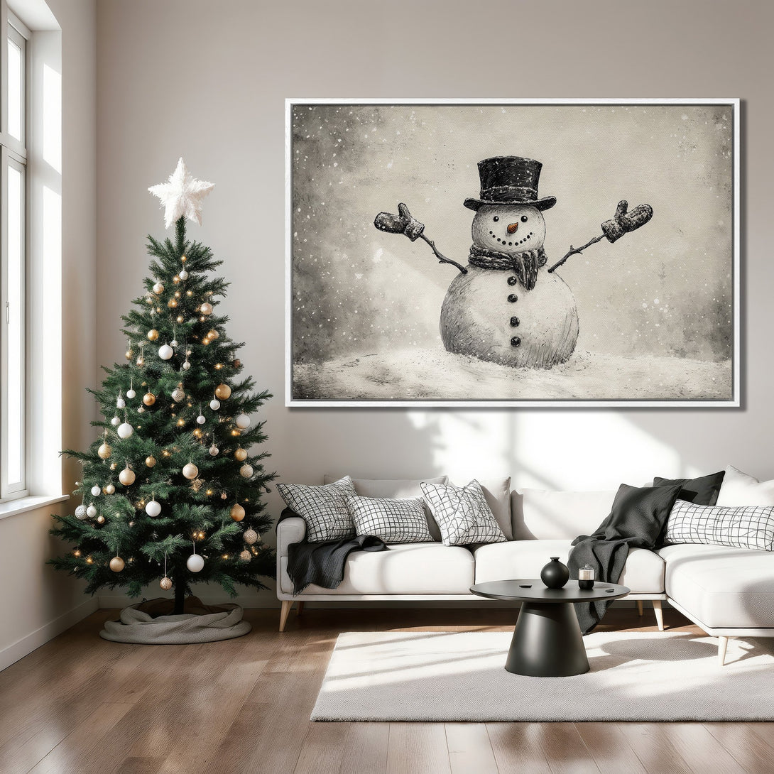 Framed Wall Art: Whimsical snowman art in a neutral palette. Perfect for holiday decor! This canvas print adds a touch of winter charm to any living room.