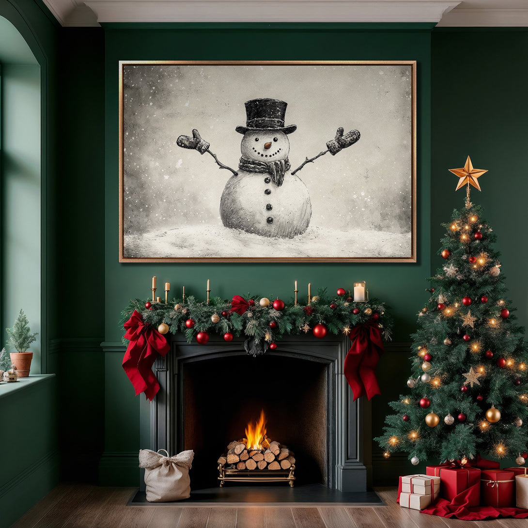 Framed Wall Art featuring a whimsical snowman illustration in grayscale. Cozy Christmas interior with deep green walls and red accents. Perfect holiday decor!