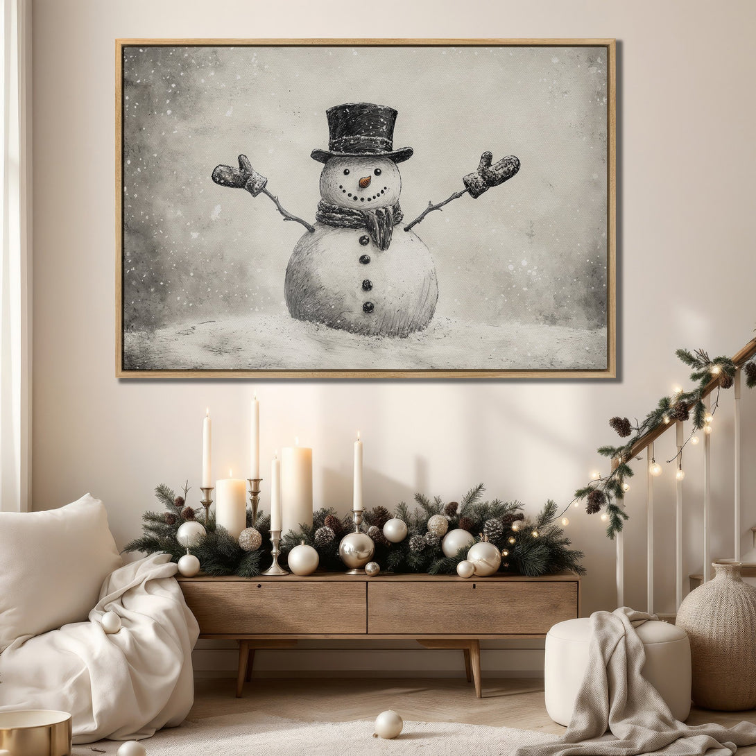 Framed Wall Art featuring a charming snowman illustration in grayscale. Perfect winter decor with a neutral color palette, adding cozy style to any room.