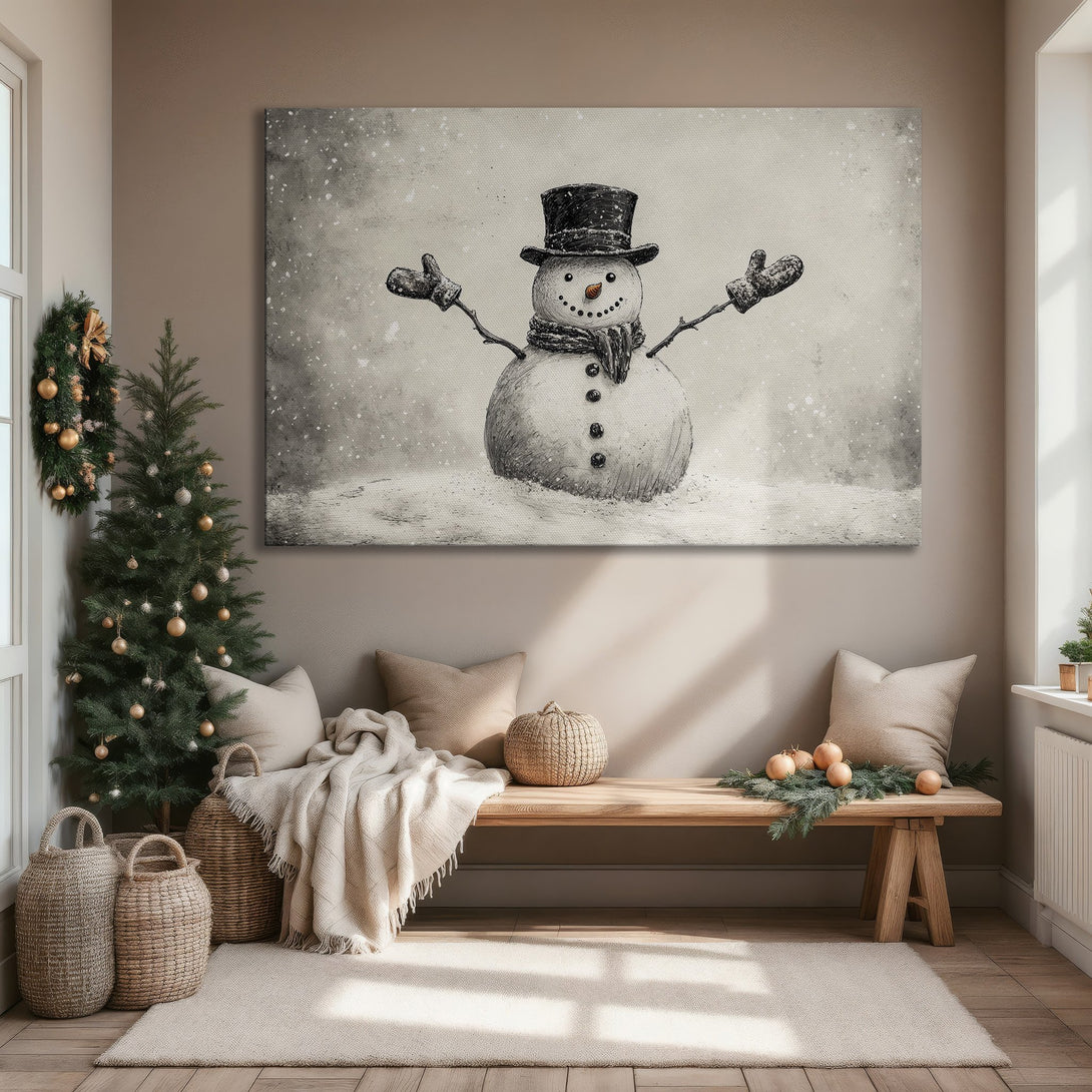 Framed Wall Art: Charming snowman illustration in a neutral color palette. Perfect winter decor for a cozy living room. Shop Canvas Prints for your home!