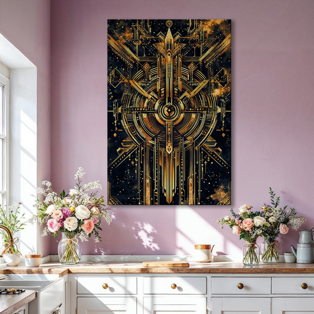 Framed Wall Art: Art Deco design in gold and black. Modern abstract Canvas Print adds a touch of luxury to any living room.