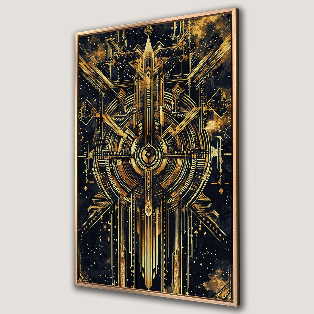 Framed Wall Art featuring an Art Deco design in gold and black. Modern geometric Canvas Print perfect for adding a touch of luxury to your space.