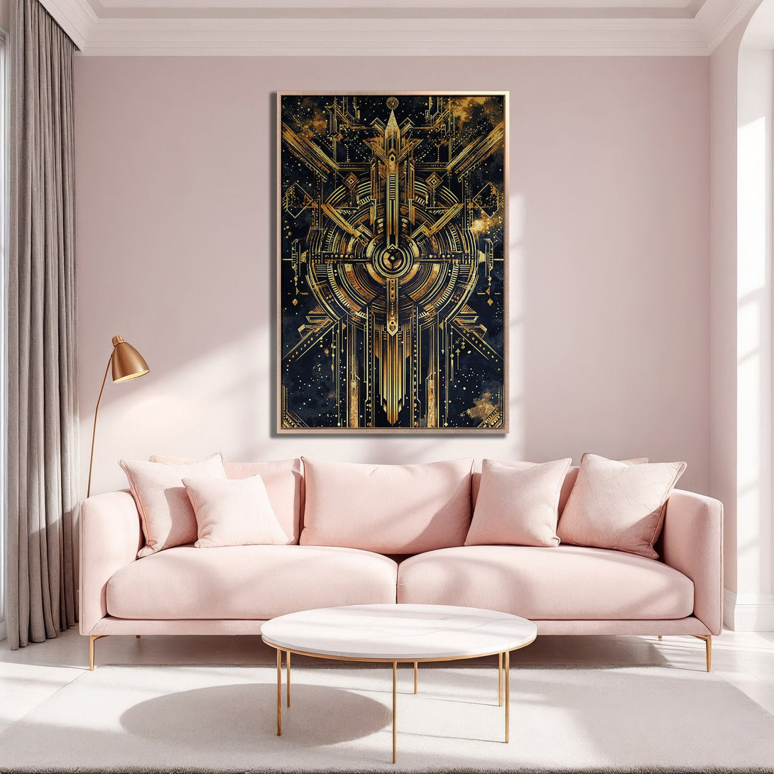 Framed Wall Art: Art Deco design in gold and black, displayed in a modern living room with a pink sofa. Elevate your space with this stunning canvas print!