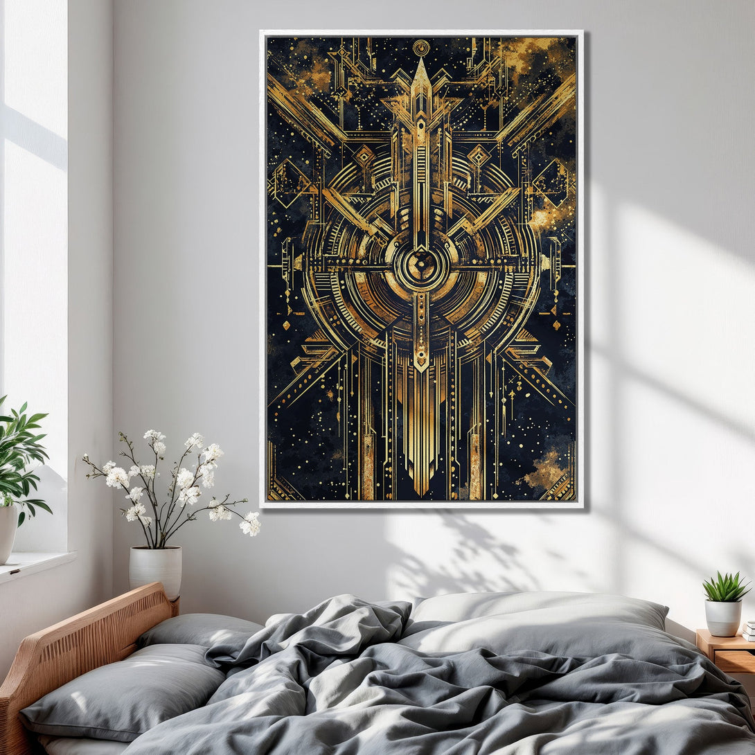 Framed Wall Art: Art Deco design in gold and navy blue. Modern canvas print adds a touch of luxury to any bedroom. Shop now!