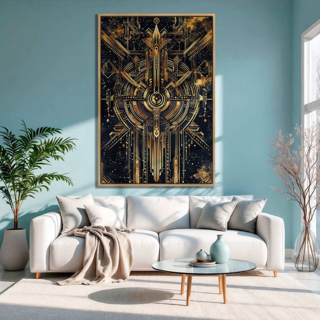 Framed Wall Art: Geometric gold design on black canvas. Modern art deco style with a luxurious gold and dark color palette, perfect for living room decor.