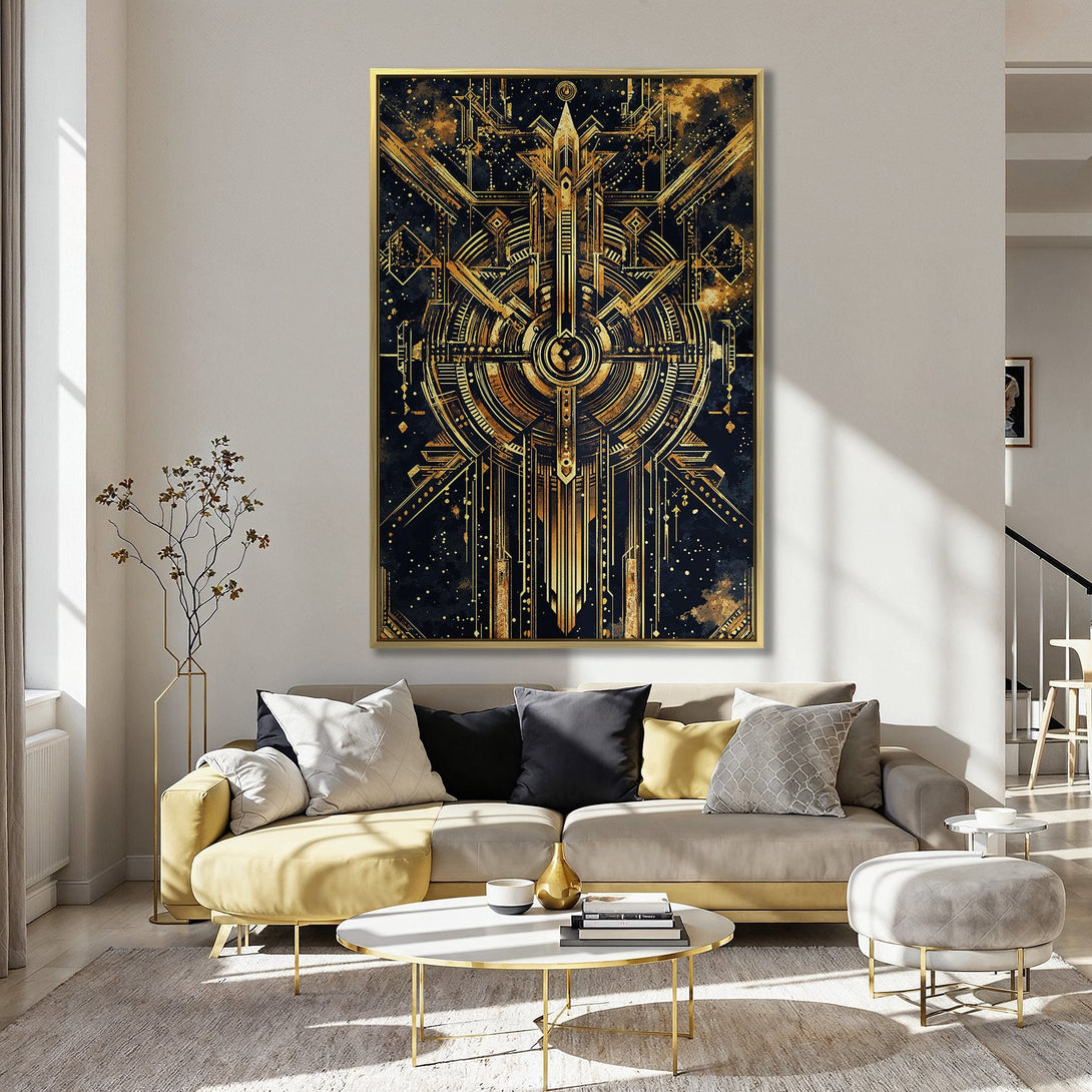 Canvas Print: Art Deco geometric design in gold and black, displayed in a kitchen with a pink wall. Modern wall art for stylish home decor.