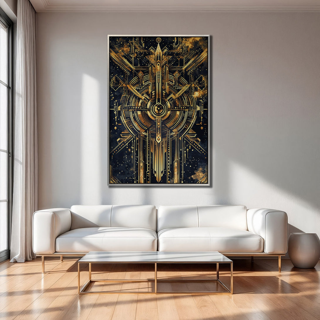 Framed Wall Art: Art Deco style gold and black canvas print. Modern interior decor with a striking geometric design and luxurious color palette.