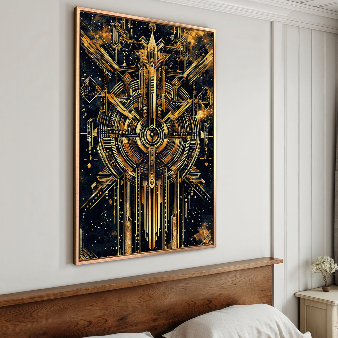 Framed Wall Art: Art Deco design in gold and black. Stunning canvas print adds a touch of luxury to any space. Shop now!