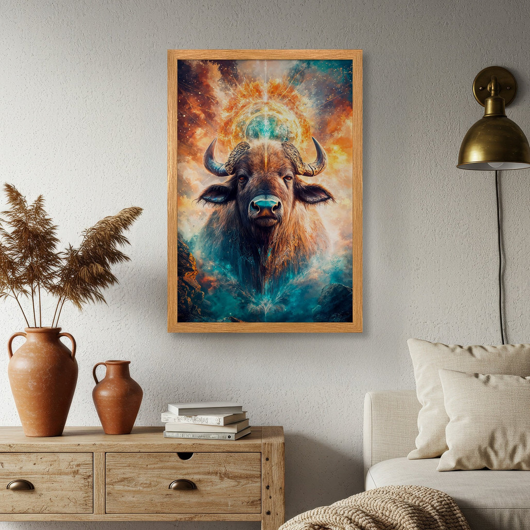 Framed Poster featuring a mystical bull illustration in vibrant blues, oranges, and browns. Perfect wall art for any room!