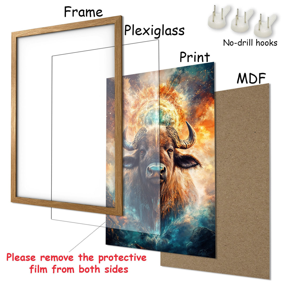 Framed Poster featuring a majestic bull, vibrant and cosmic style, with a warm, earthy color palette. Perfect wall art!
