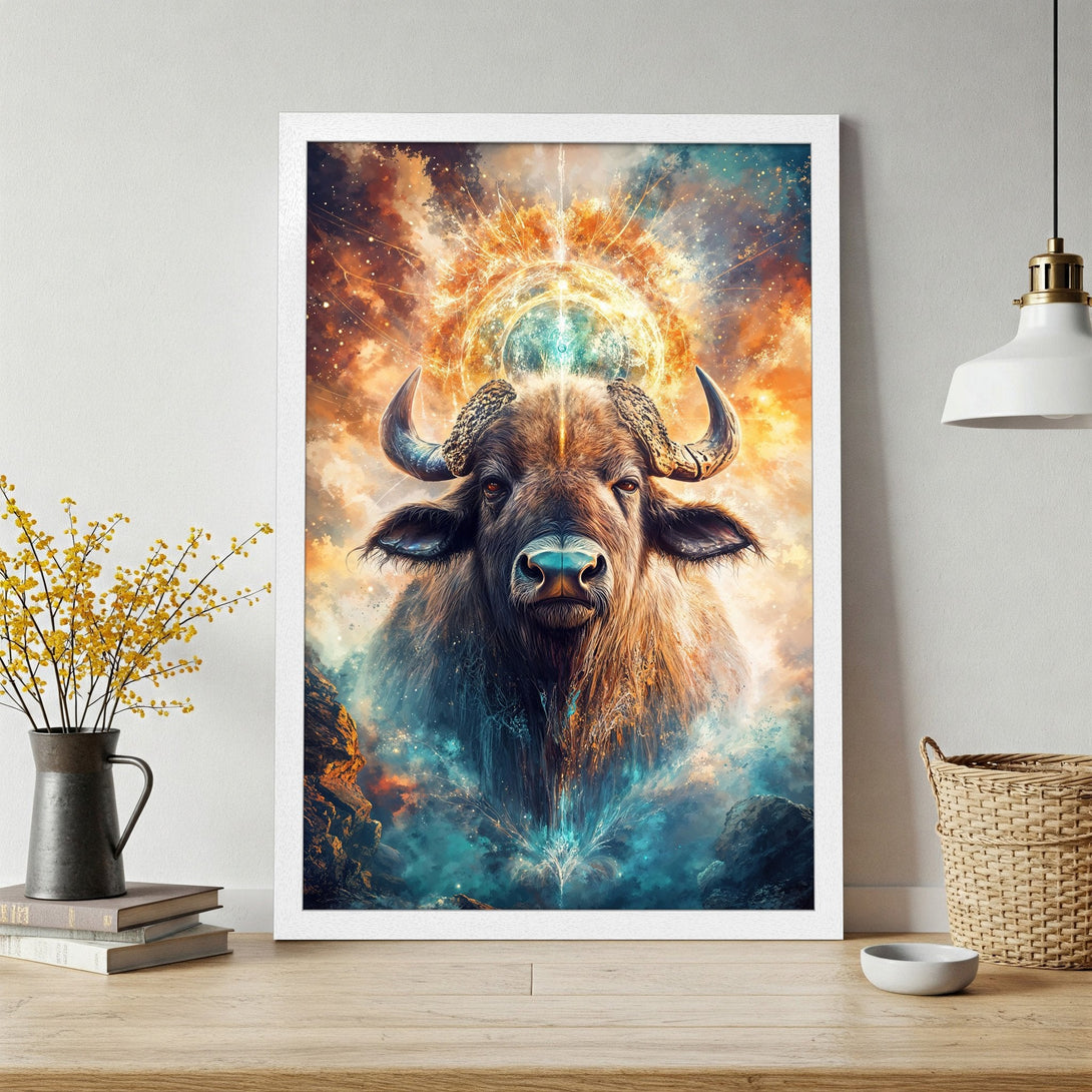 Framed Poster featuring a majestic bull with a cosmic background, artistic style, warm orange and cool blue color palette.