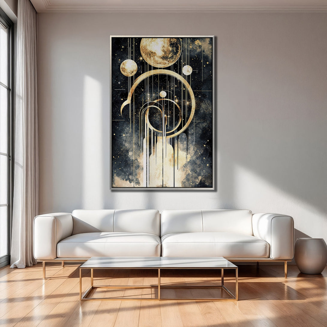 Framed Wall Art featuring a celestial abstract design in gold and black, perfect for modern home decor.