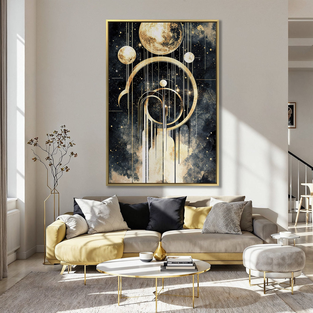 Canvas Print featuring a celestial art deco design with gold accents on a dark background. Modern wall art in a kitchen setting.