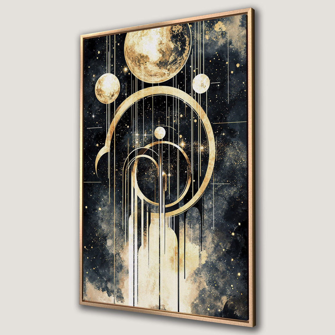 Framed Wall Art: Abstract celestial design with gold and navy blue color palette. Modern art canvas print for any space.