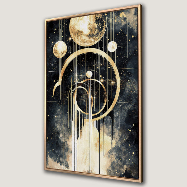 Framed Wall Art: Abstract celestial design with gold and navy blue color palette. Modern art canvas print for any space.