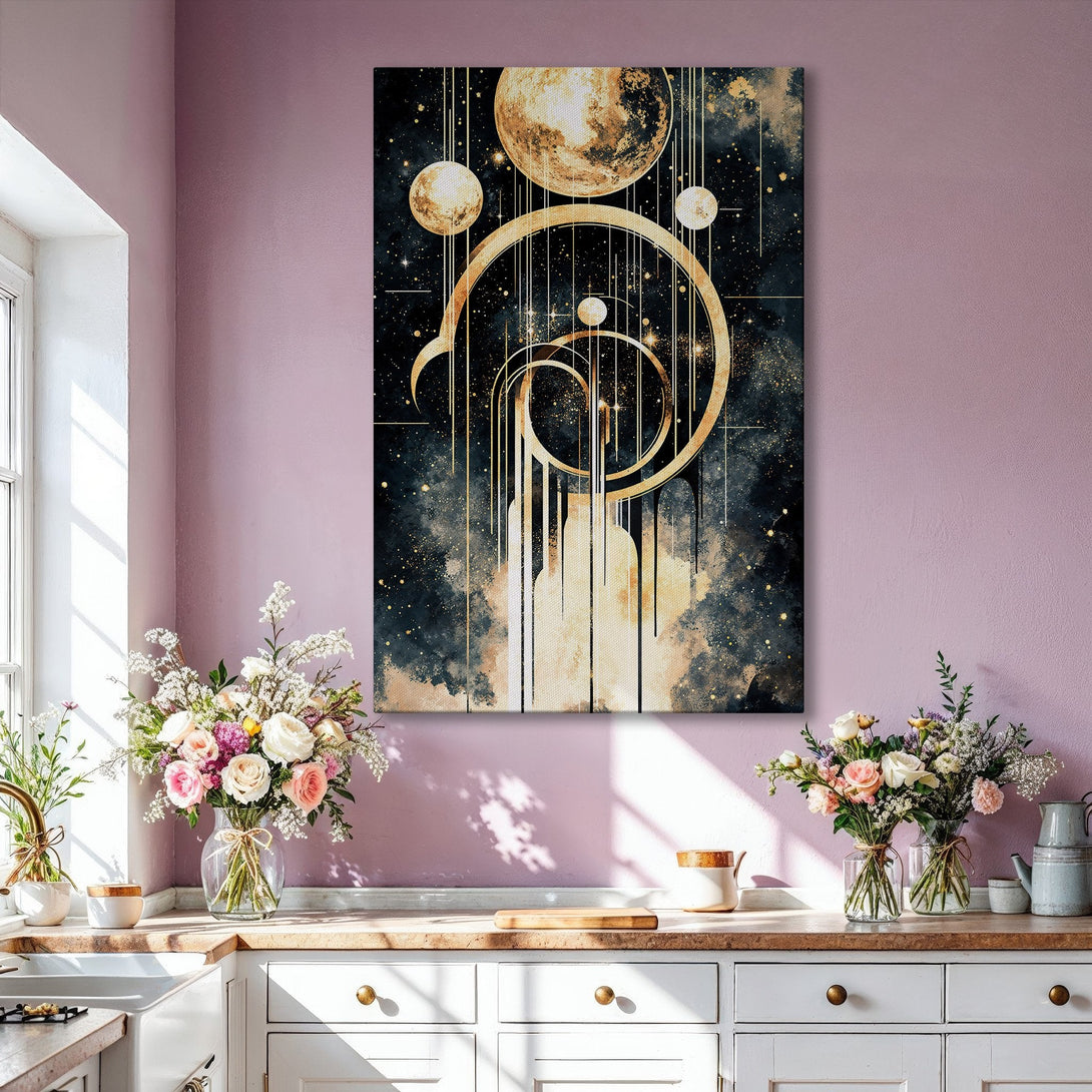 Framed Wall Art featuring an abstract celestial design in gold, black, and beige. Modern art canvas print perfect for adding a touch of elegance to your home decor.