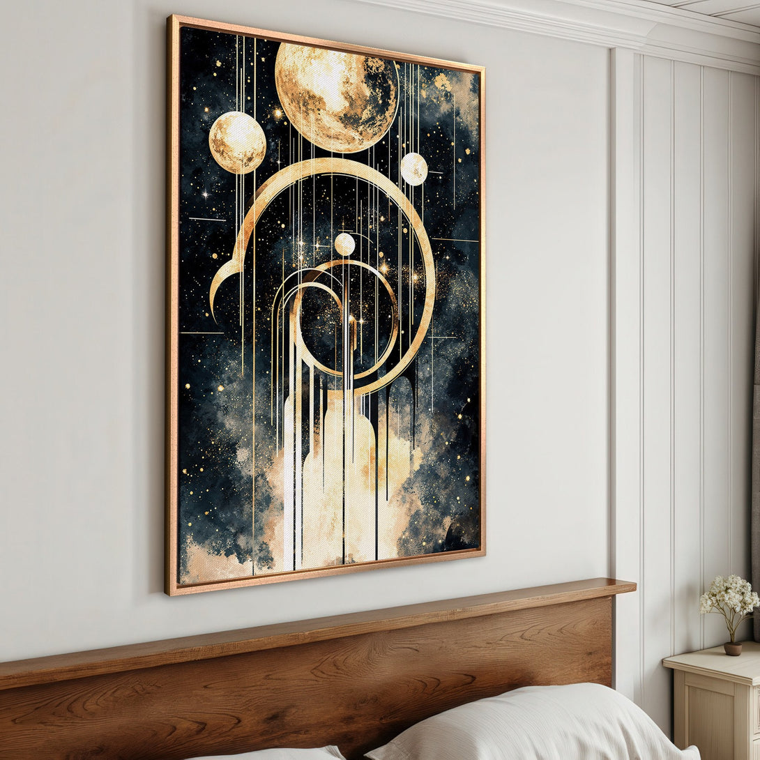 Framed Wall Art: Abstract celestial design in gold and navy. Modern art canvas print for bedroom decor. Adds a touch of luxury.