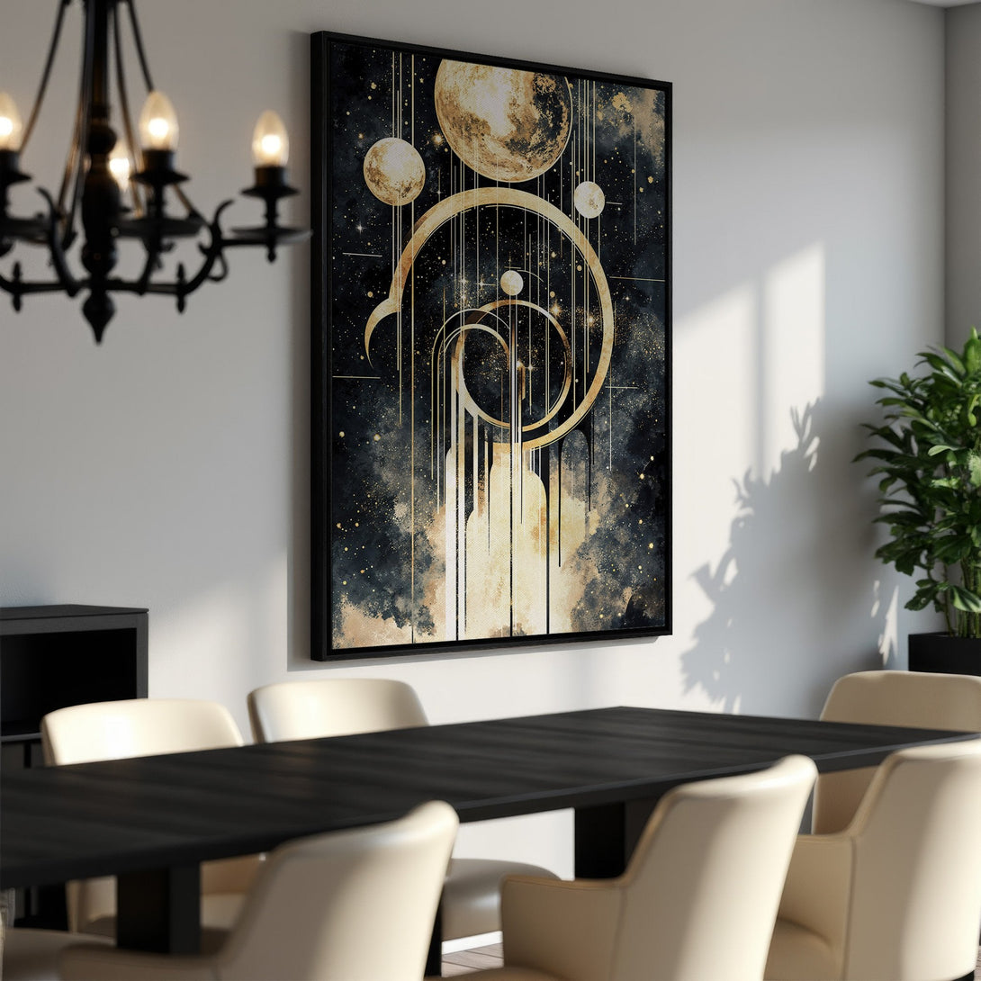 Framed Wall Art: Abstract celestial design in black, gold, and beige. Modern style Canvas Print adds a touch of sophistication to any space.