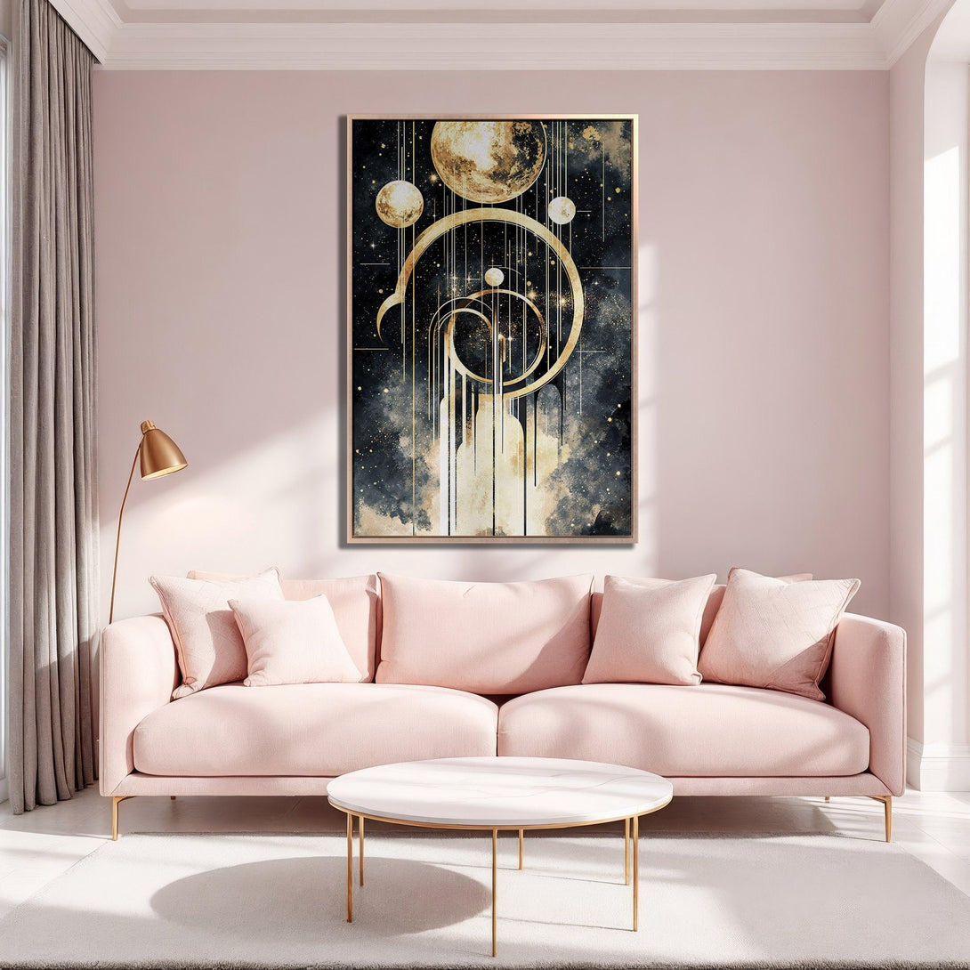 Framed Wall Art: Abstract gold and black celestial design. Modern art canvas print in a blush pink interior, perfect for living room decor.