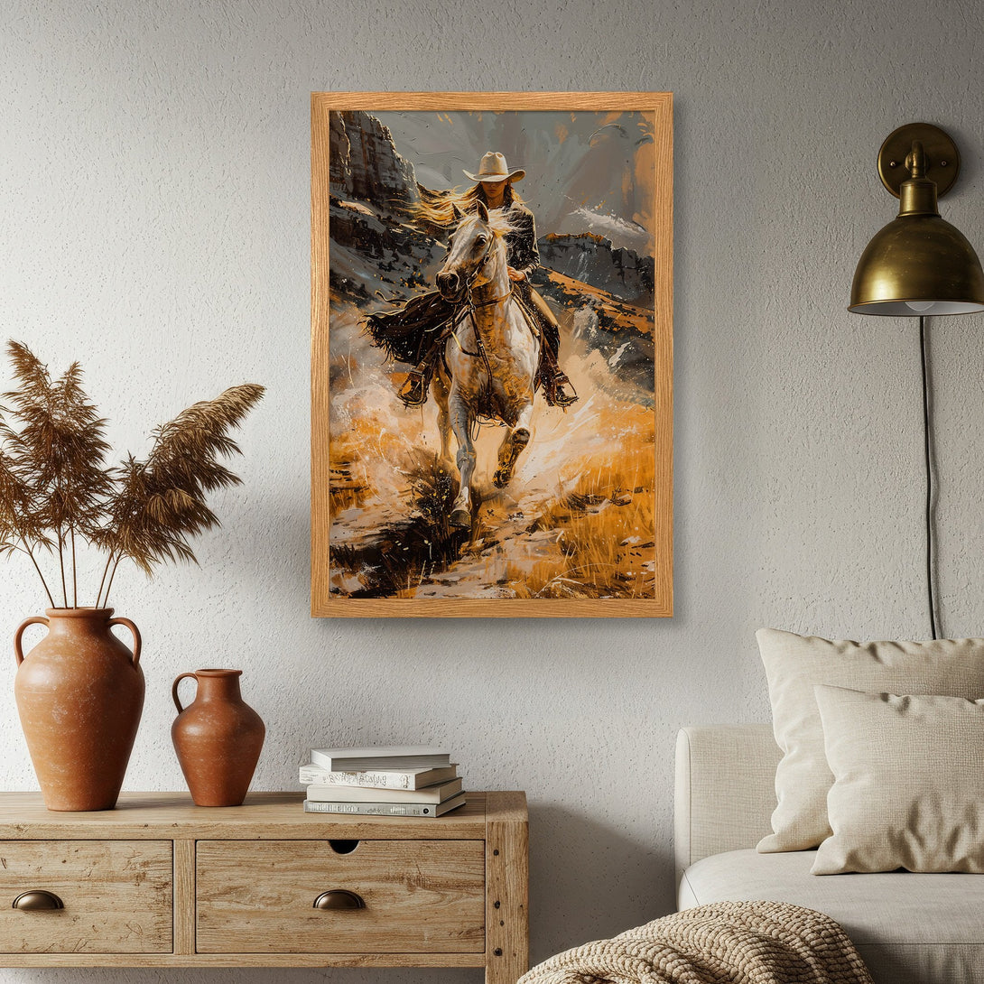 Framed Poster of a cowgirl riding a horse, painted in a dynamic, impressionistic style with a warm, earthy color palette.