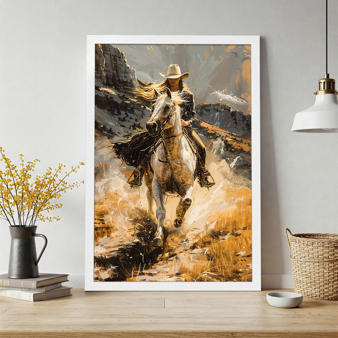 Framed Poster of a cowgirl on horseback in a dynamic, painterly style. Warm, earthy tones with a touch of gold. Perfect wall art!