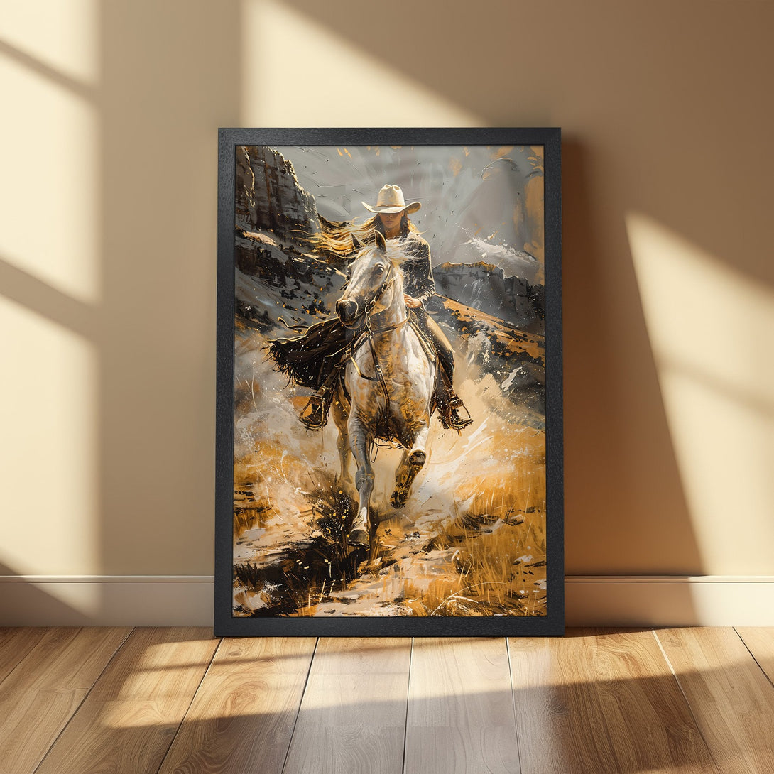 Framed Poster: Cowgirl on horseback art print in a black frame, with a striking gold and gray color palette. Western-themed wall decor.