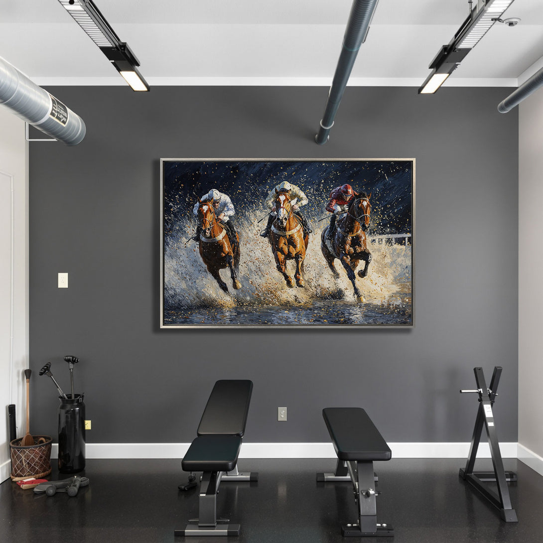 Framed Wall Art: Dynamic horse racing scene in a modern gym. Oil painting style with warm brown, gold, and dark blue tones. Elevate your space with art!
