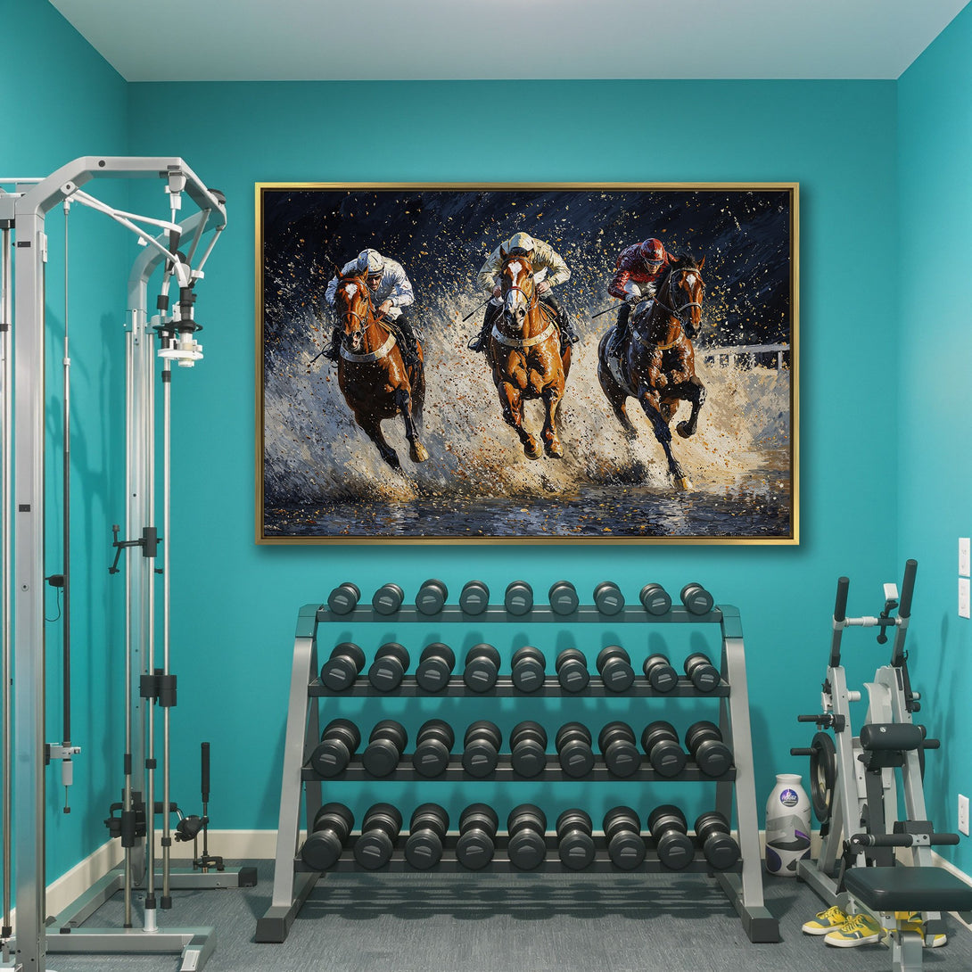 Canvas Print of a horse race, showcasing an expressive painting style with a dark, blue, and brown color palette. Perfect wall art for any space!