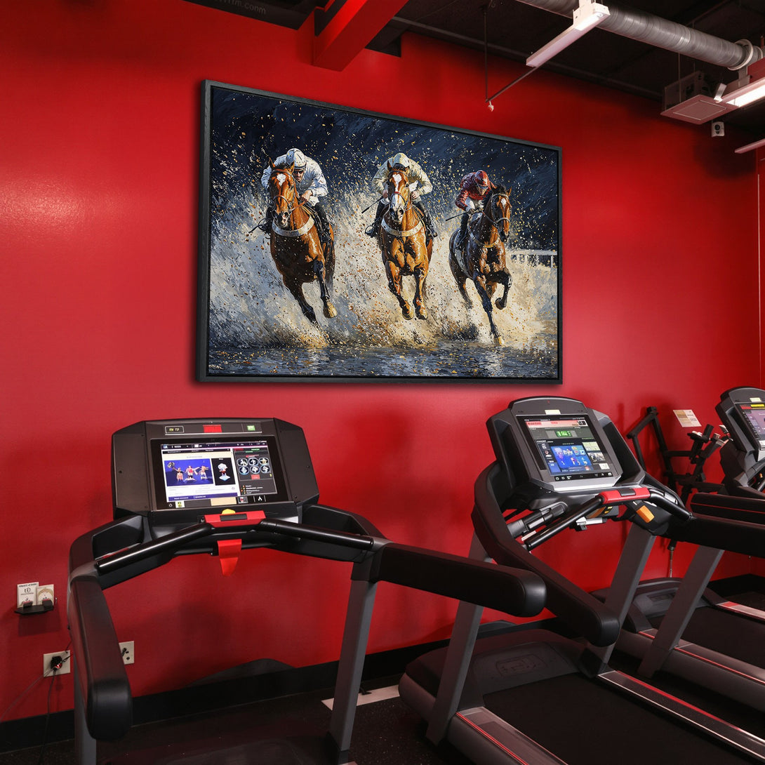 Framed Wall Art: Dynamic horse racing scene in a gym. Bold, expressive style with a rich brown and blue color palette. Elevate your space with art!