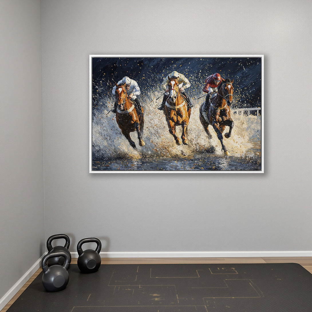 Framed Wall Art of racehorses in action. Dramatic, impressionistic style with a dark, cool color palette. Perfect for home decor.