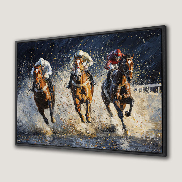 Framed Wall Art of horse racing action. Dynamic painting style with a dark blue, brown, and gold color palette. Perfect for adding energy to your space!